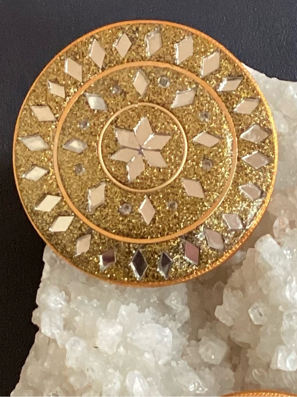 Gold Decorative India Mirrored Mosaic Round Palm Sized Purse Mirror